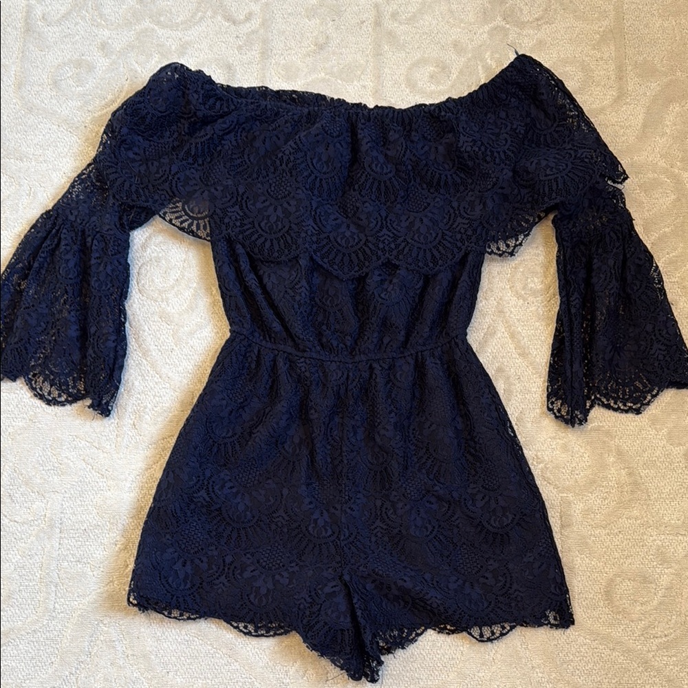 Navy Lace Off-Shoulder Romper